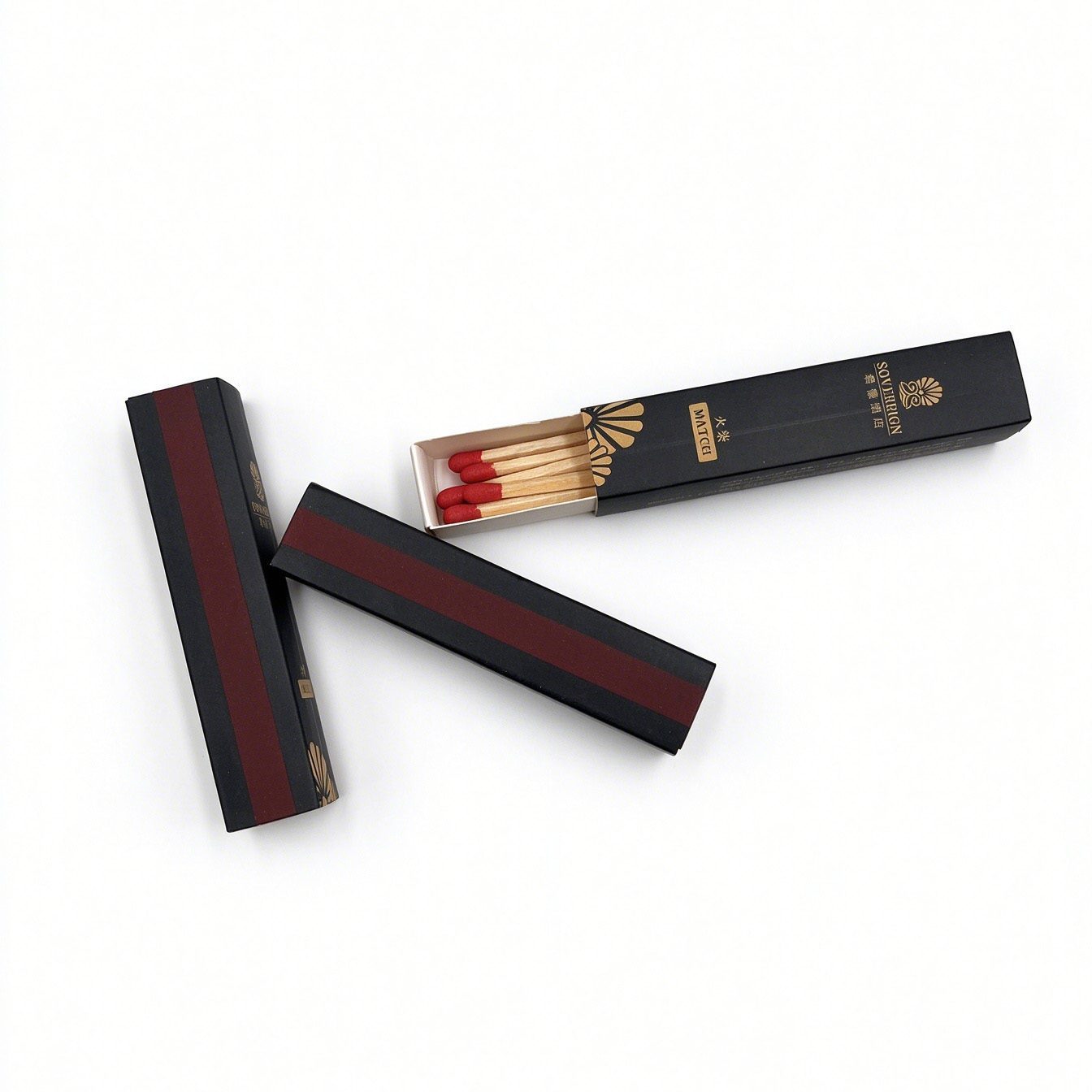 Luxury branded matchboxes with gold foil logos